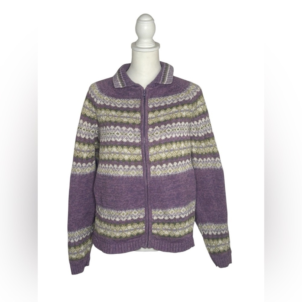 Vintage Tiara Nordic Fair Isle Ski Sweater purple green sz L grandma core EUC